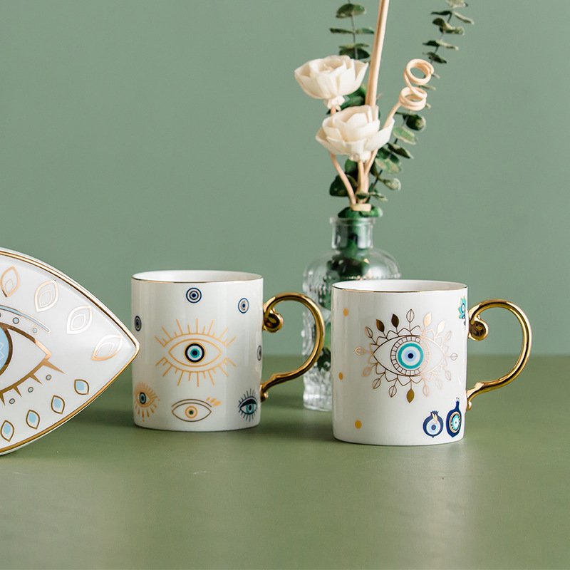 Luxury Style Gold Decal Handle Evil Eyes Design Ceramic Coffee Mug For Afternoon Tea & Turkish Coffee Stylish Tea Cups