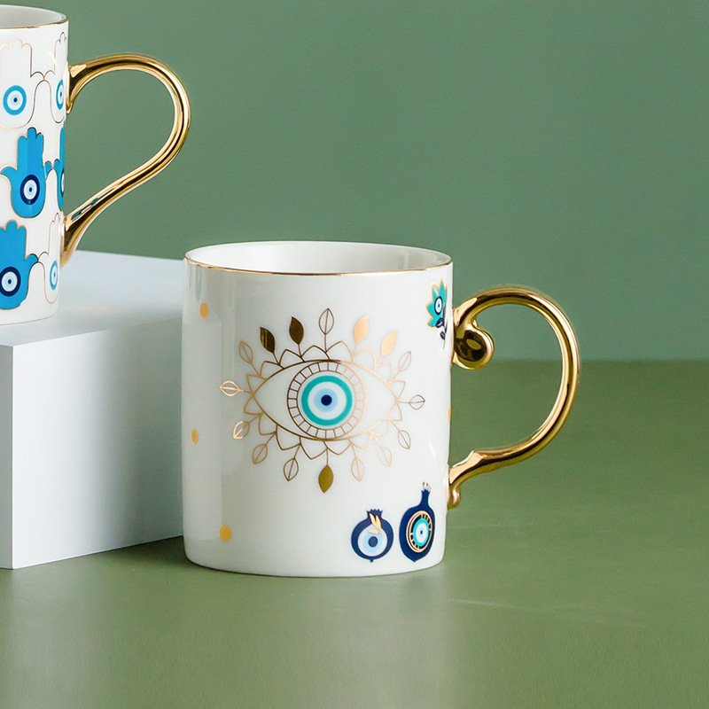 Luxury Style Gold Decal Handle Evil Eyes Design Ceramic Coffee Mug For Afternoon Tea & Turkish Coffee Stylish Tea Cups