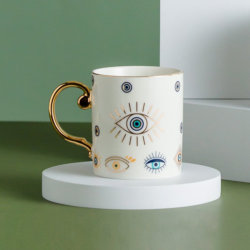 Luxury Style Gold Decal Handle Evil Eyes Design Ceramic Coffee Mug For Afternoon Tea & Turkish Coffee Stylish Tea Cups