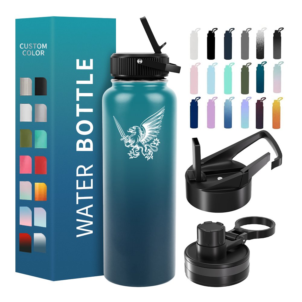 insulated water bottle 32 oz 64 oz large vacuum flasks stainless steel sports large water bottle with 2 lids