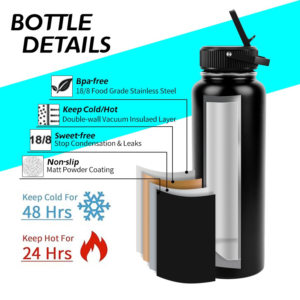 insulated water bottle 32 oz 64 oz large vacuum flasks stainless steel sports large water bottle with 2 lids