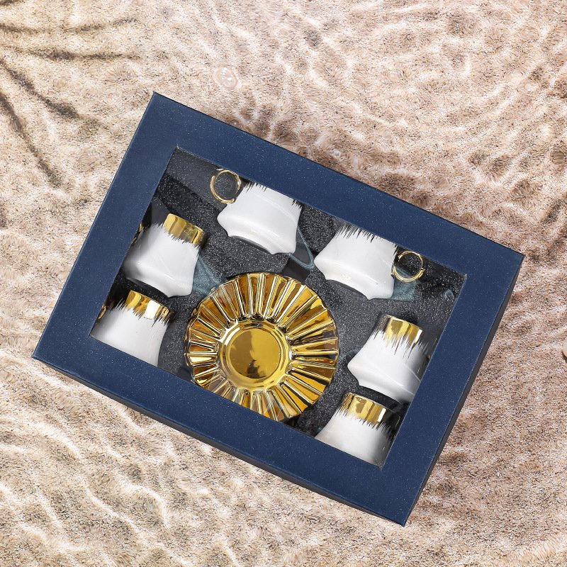 Whosale New Design 90Ml Luxury 6Pcs Set Black Gold Marble Ceramic Mug Custom Logo Coffee Cups And Saucer With Gift Box