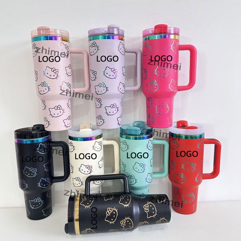 New Wholesale 3d Kitty Stanly Coffee Cup 30 40 oz Cartoon Travel Thermal Mug Custom Metal Tumbler 40oz With Handle and Straw