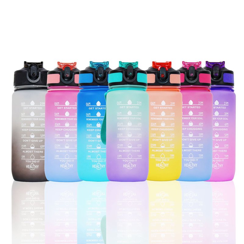 600ml Plastic Water Bottle For Sports Bottle with Times to Drink and Straw Carrying Strap Motivational Drinking Water Bottle