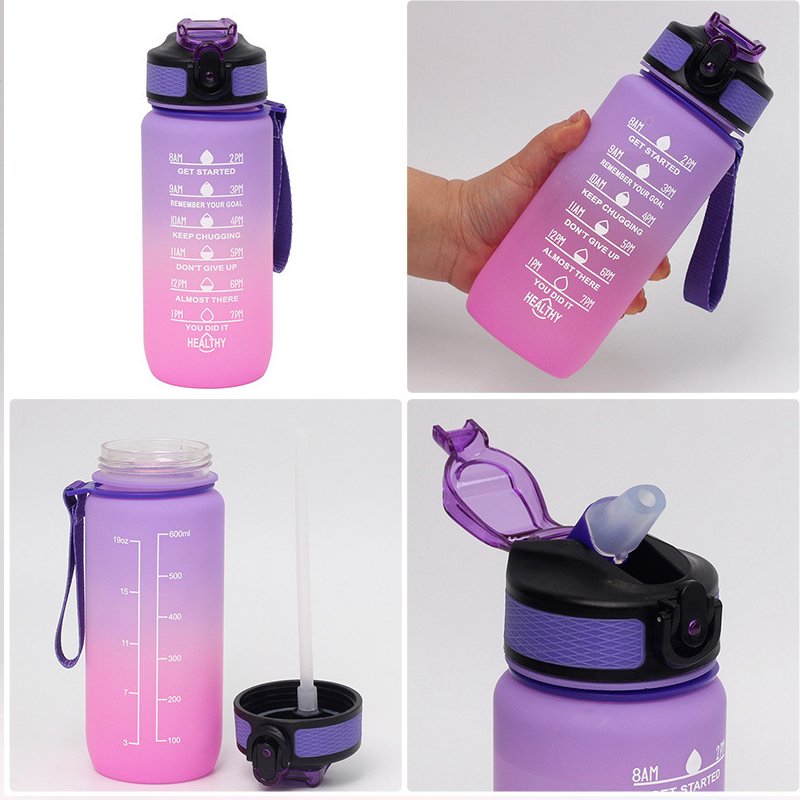 600ml Plastic Water Bottle For Sports Bottle with Times to Drink and Straw Carrying Strap Motivational Drinking Water Bottle