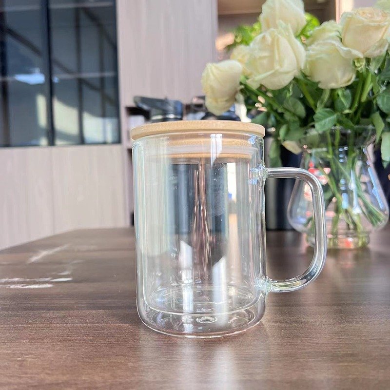 USA Warehouse RTS 17oz Sublimation Clear Glass Mug with Handle Snow Globe Glass Can Double Wall with Pre-drilled Hole and Plug