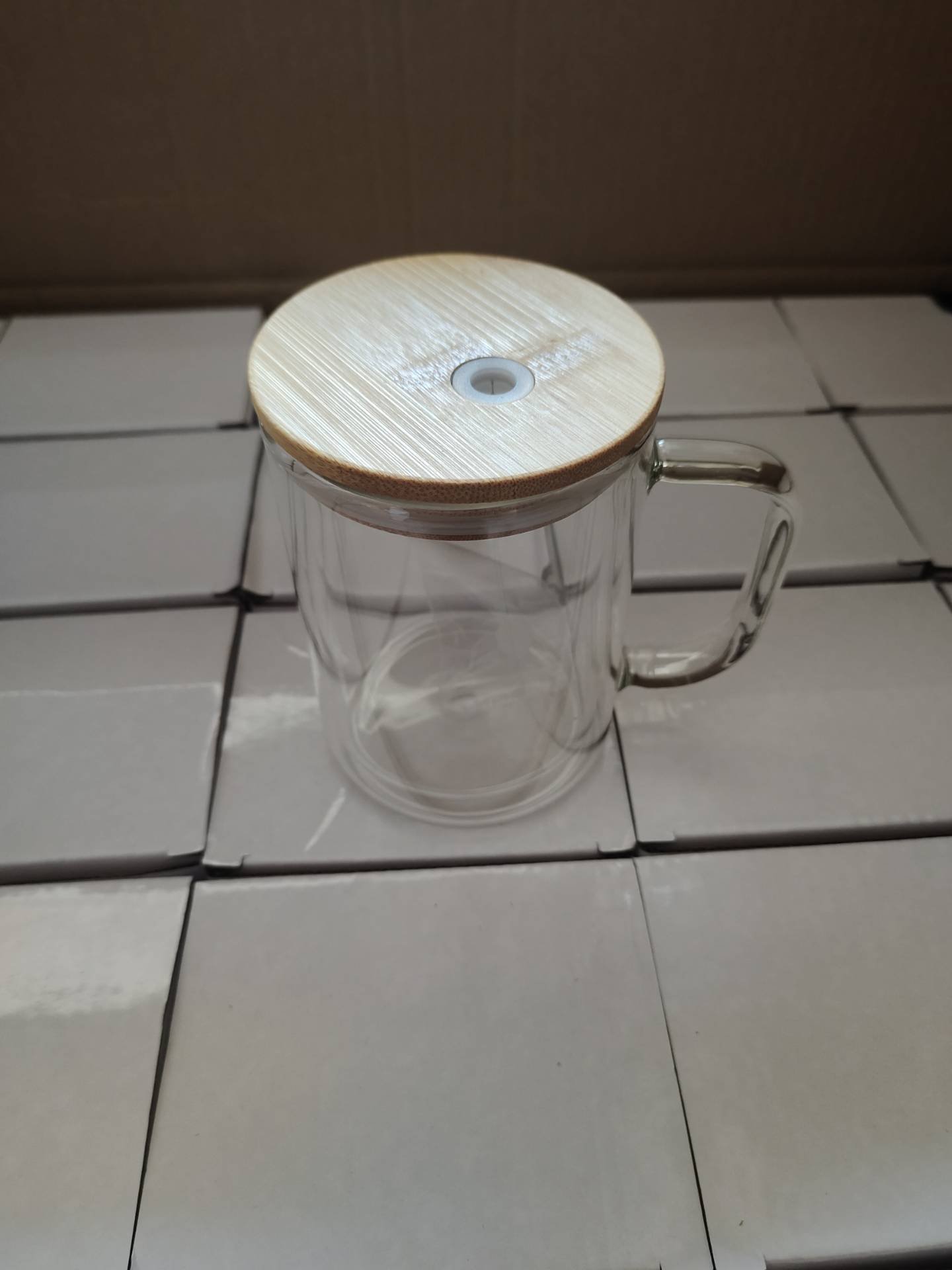 USA Warehouse RTS 17oz Sublimation Clear Glass Mug with Handle Snow Globe Glass Can Double Wall with Pre-drilled Hole and Plug