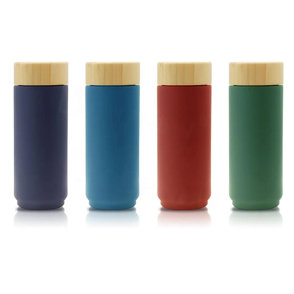 500ml 16oz Double Wall Stainless Steel Bamboo Water Bottle Insulated Coffee Mug Travel Tumbler with Bamboo Lid 3D Cups