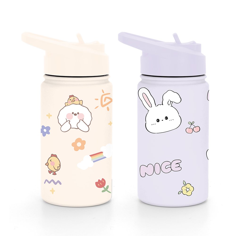 Cartoon Style Kids Vacuum Flask Insulated Stainless Steel Water Bottle with Straw Lid for School Life