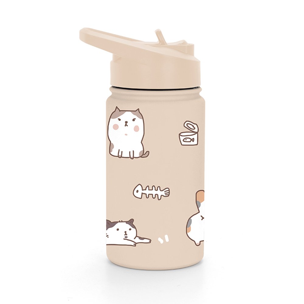 Cartoon Style Kids Vacuum Flask Insulated Stainless Steel Water Bottle with Straw Lid for School Life