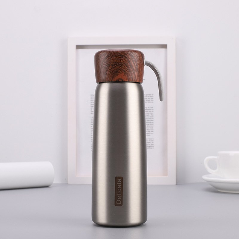 400ml Wood Grain Lid Straight Stainless Steel Insulated Water Bottle with Tea Infuser Insulated Vacuum Flasks & Thermoses