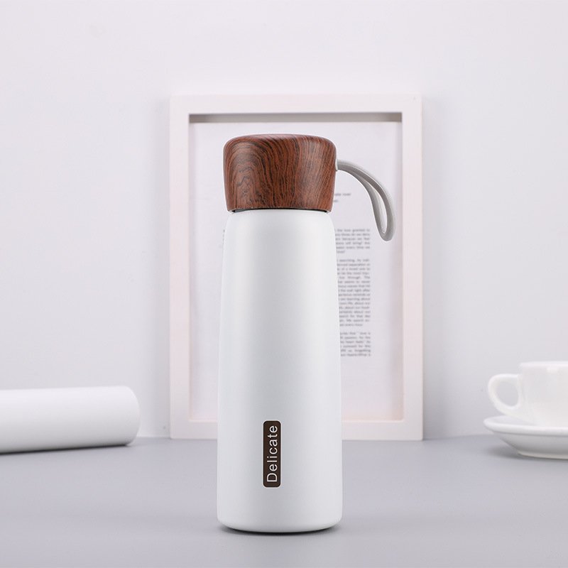 400ml Wood Grain Lid Straight Stainless Steel Insulated Water Bottle with Tea Infuser Insulated Vacuum Flasks & Thermoses