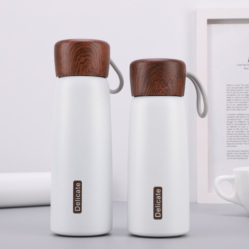 400ml Wood Grain Lid Straight Stainless Steel Insulated Water Bottle with Tea Infuser Insulated Vacuum Flasks & Thermoses
