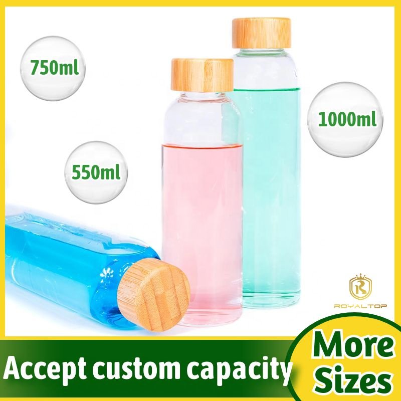 Nice Eco-friendly voss Karaffe glass water bottle botella de agua botol minum with custom logo bamboo wood lid