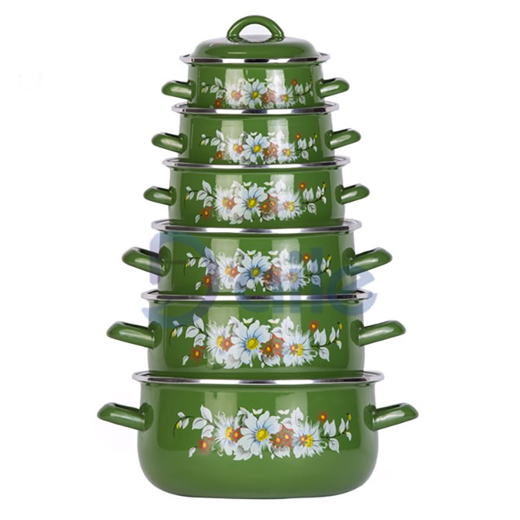 Green Decal Knitted Backing Enamel Coated Pot Cookware Sets Safe With Lid