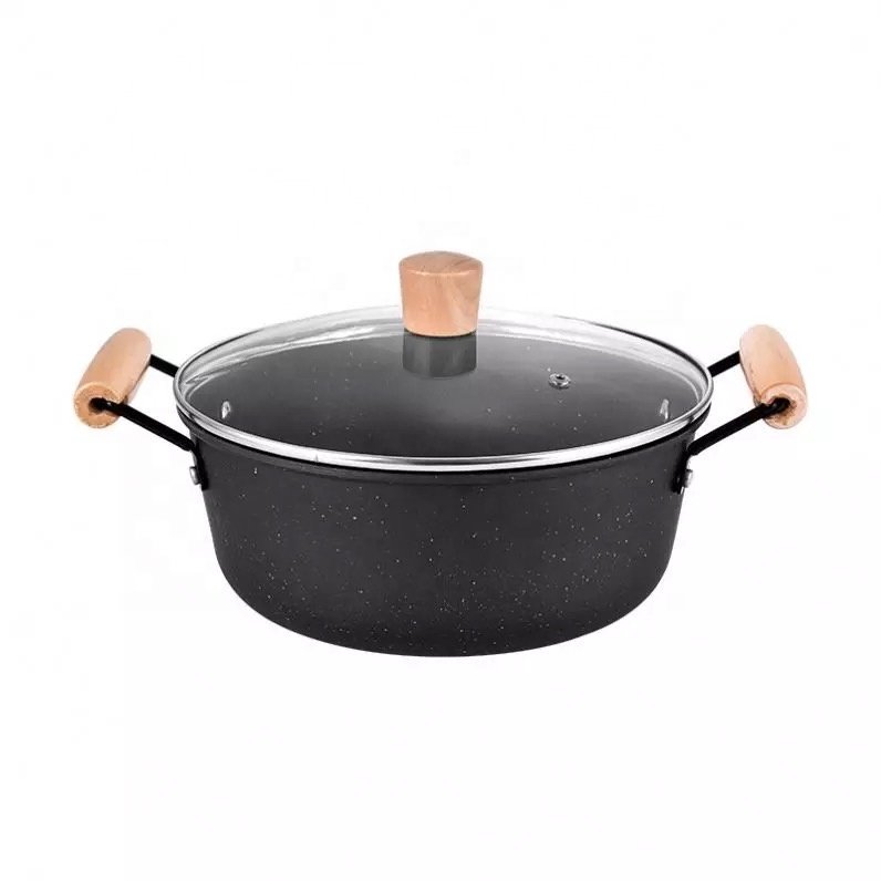 Set of 3 Non-Stick Cookware set, Natural Maifan stone coating Kitchenware Set with Tempered Glass Lid and Wood Handle