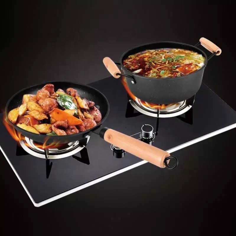 Set of 3 Non-Stick Cookware set, Natural Maifan stone coating Kitchenware Set with Tempered Glass Lid and Wood Handle