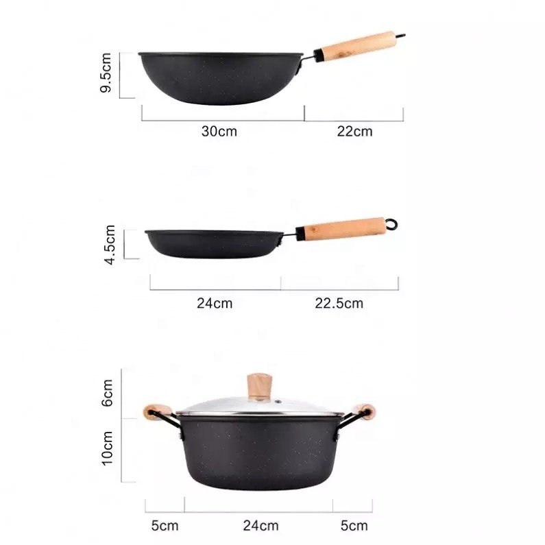 Set of 3 Non-Stick Cookware set, Natural Maifan stone coating Kitchenware Set with Tempered Glass Lid and Wood Handle