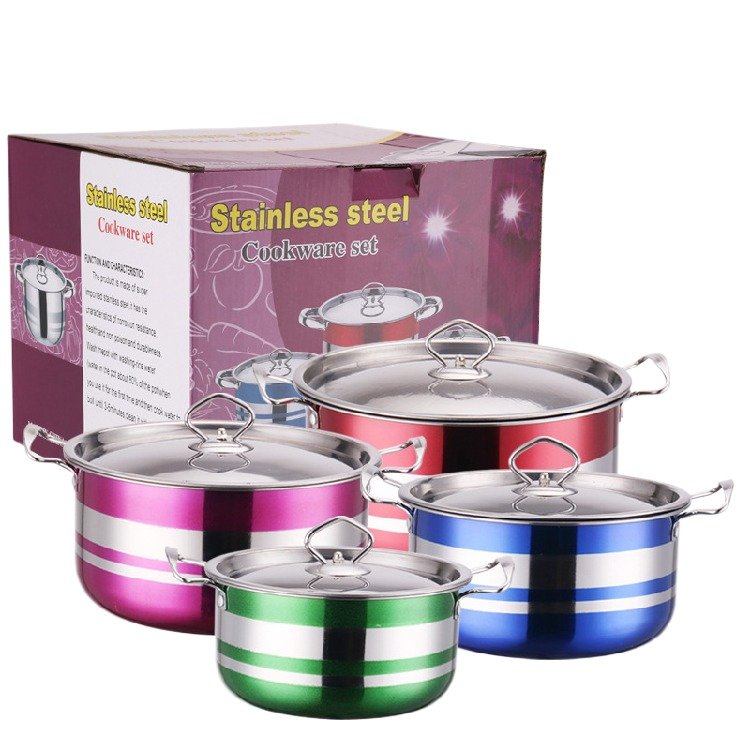 Colorful Stainless Steel Cookware Set for Export to Indonesia Southeast Asia 8 pcs Line Handle soup pot Set for cooking pots