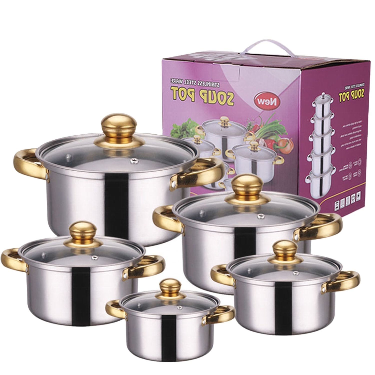Factory Wholesale 10pcs Stainless Steel Gold handle Soup Pots Cooking Pots Milk Pots And Pans casserole Kitchen Cookware Sets