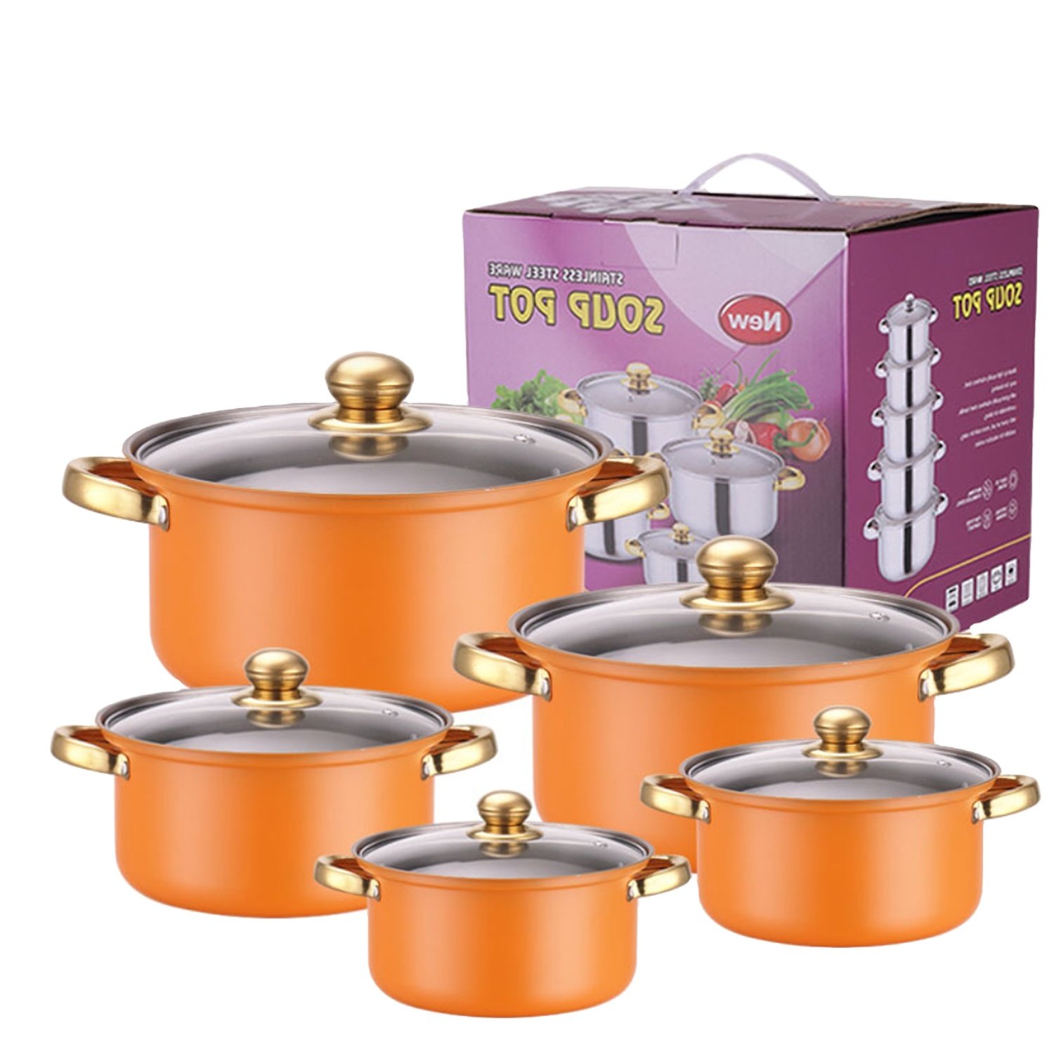Factory Wholesale 10pcs Stainless Steel Gold handle Soup Pots Cooking Pots Milk Pots And Pans casserole Kitchen Cookware Sets