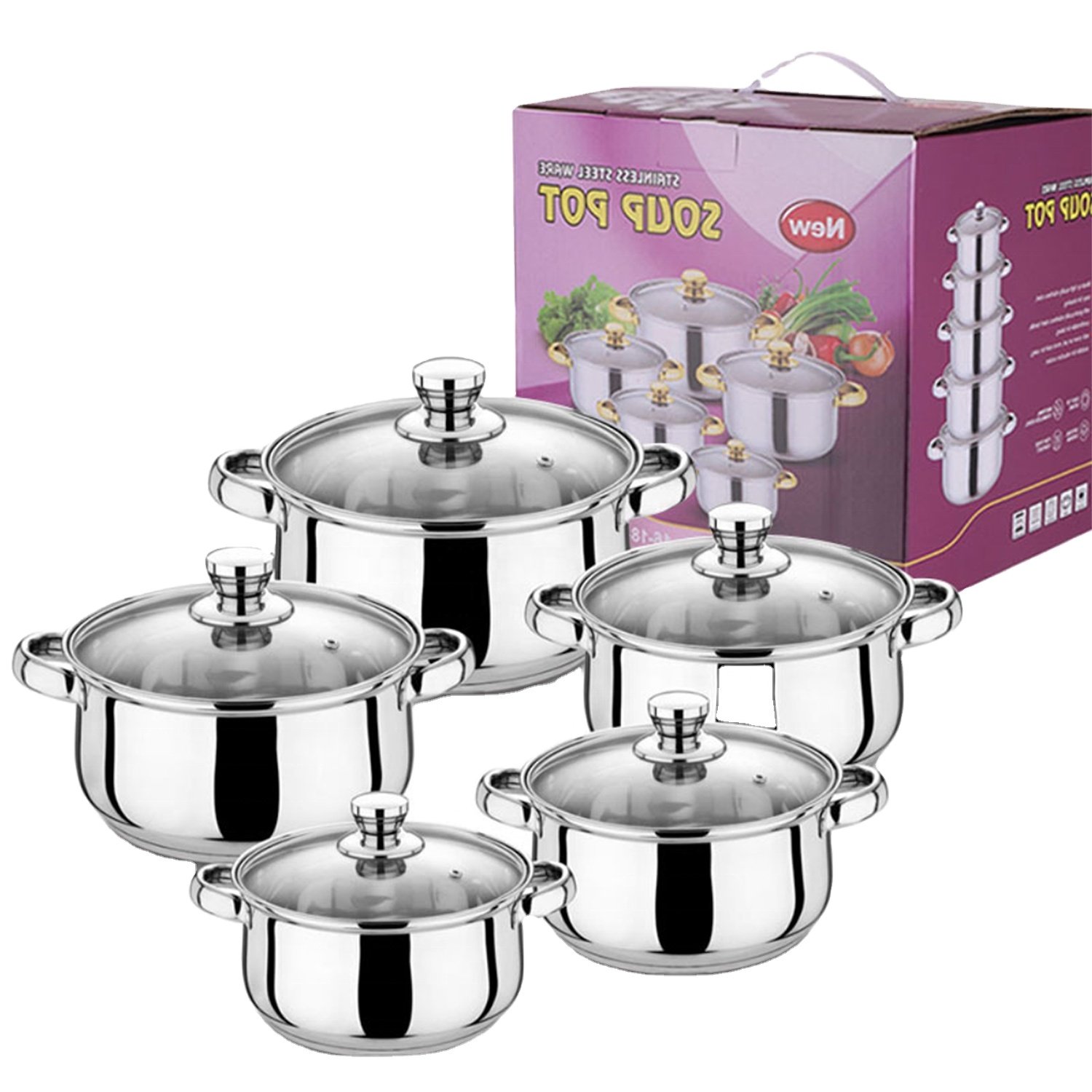 Factory Wholesale 10pcs Stainless Steel Gold handle Soup Pots Cooking Pots Milk Pots And Pans casserole Kitchen Cookware Sets