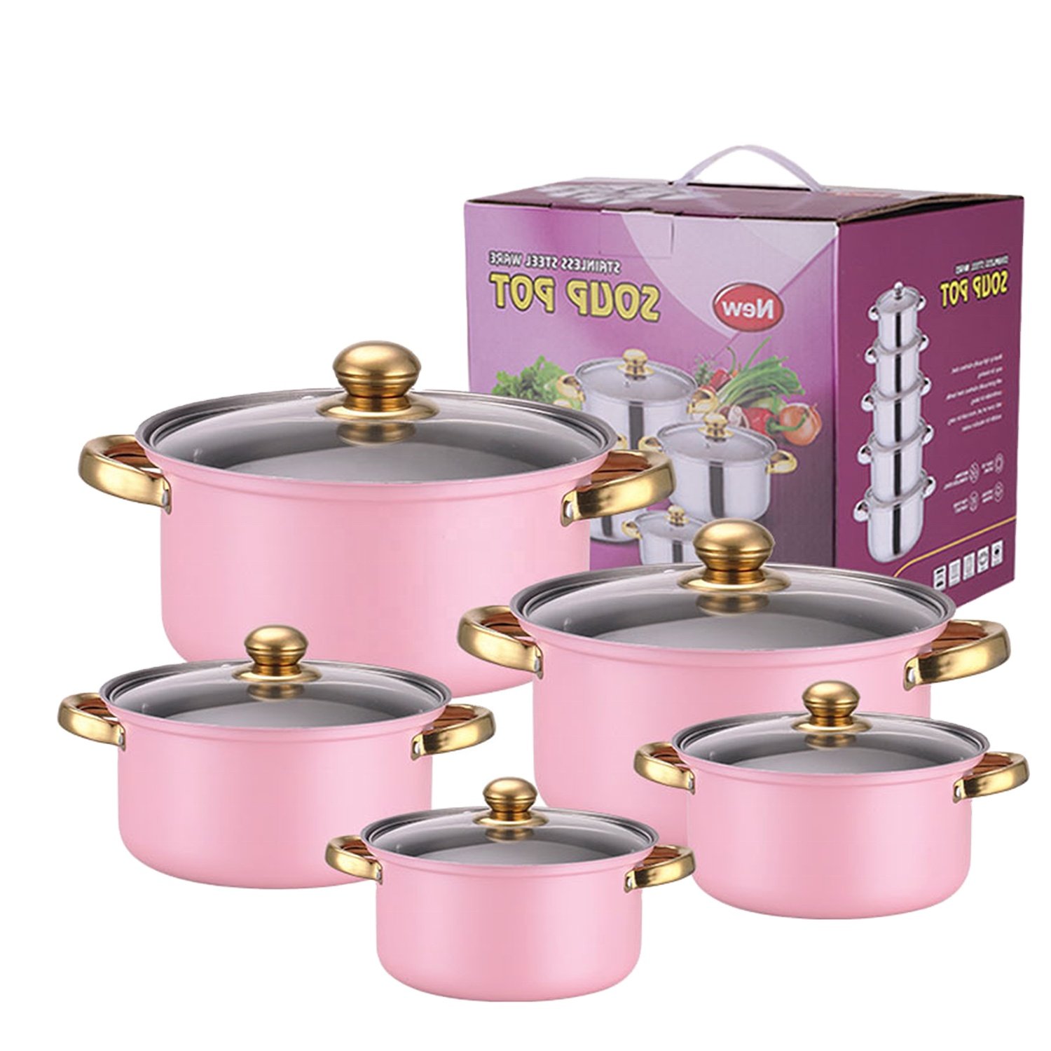 Factory Wholesale 10pcs Stainless Steel Gold handle Soup Pots Cooking Pots Milk Pots And Pans casserole Kitchen Cookware Sets