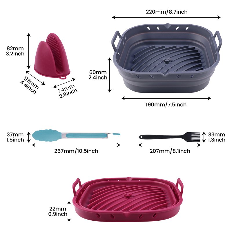 Nonstick Silicone Airfryer Accessory Set Basket Foldable Square Air Fryer Silicone Accessories Bakeware Liner Pot Mold for Fryer
