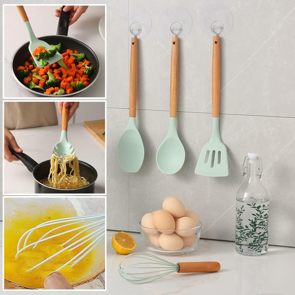 Rayshine custom high heat resistant beech silicone non stick kitchen accessories tools cookware sets utensils kitchen set