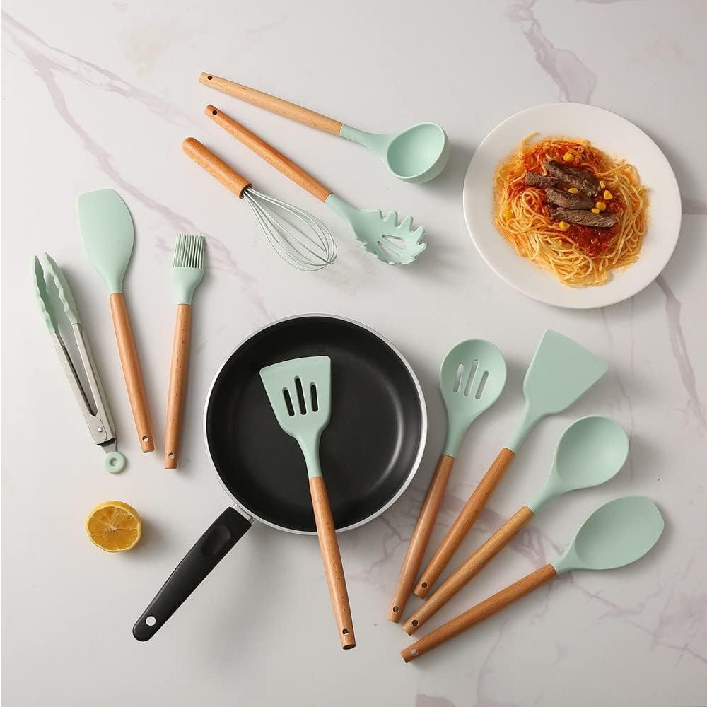 Rayshine custom high heat resistant beech silicone non stick kitchen accessories tools cookware sets utensils kitchen set