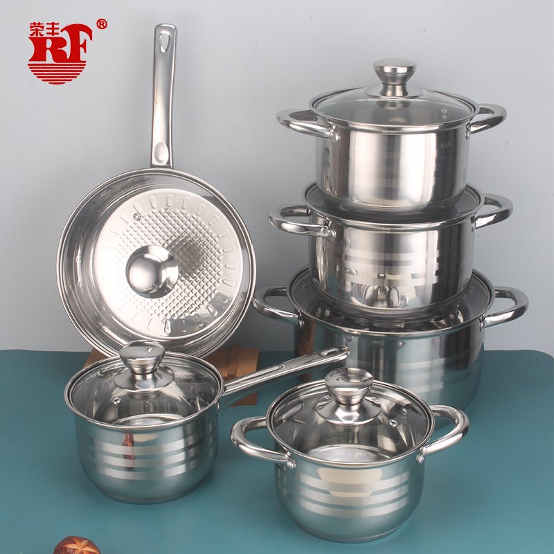RF European Style Milano 12 Piece Stainless Steel Cookware Set Original Color with Clear Glass Lid