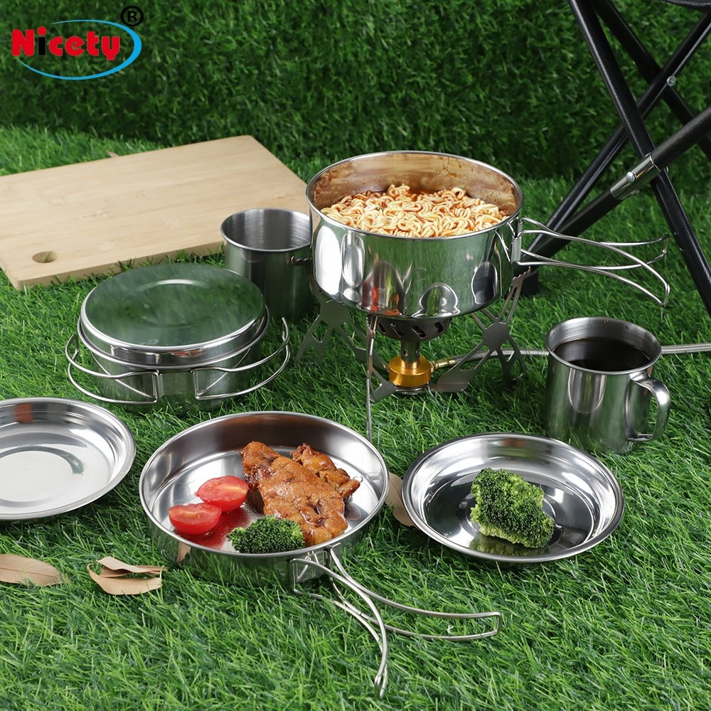New design 8pcs stainless steel camping cookware set with folding handle outdoor cooking miss kit for picnic