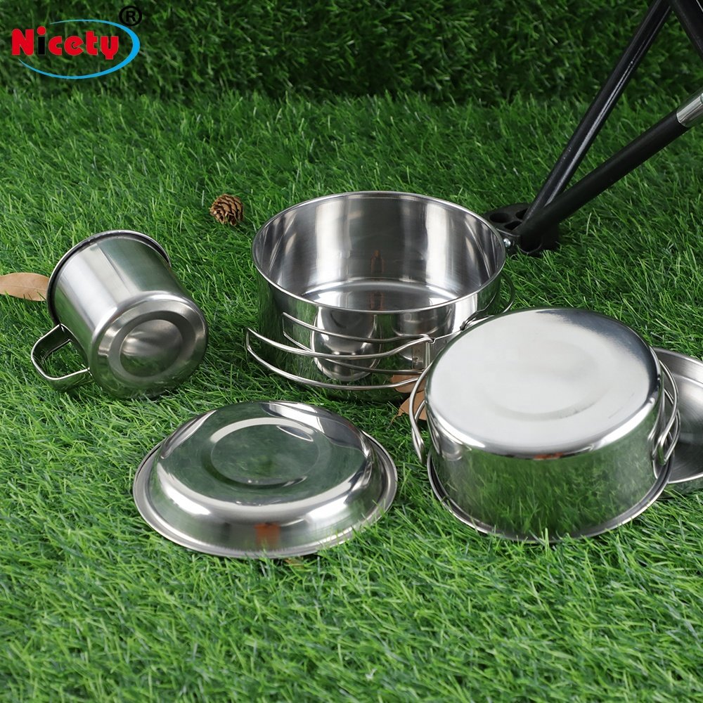 New design 8pcs stainless steel camping cookware set with folding handle outdoor cooking miss kit for picnic