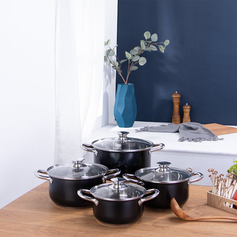 Black color non stick cookware set transparent cover stainless steel cookware set food grade cooking pots