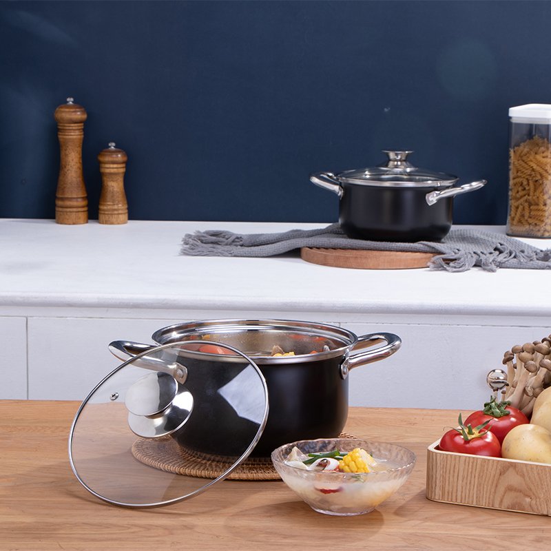 Black color non stick cookware set transparent cover stainless steel cookware set food grade cooking pots