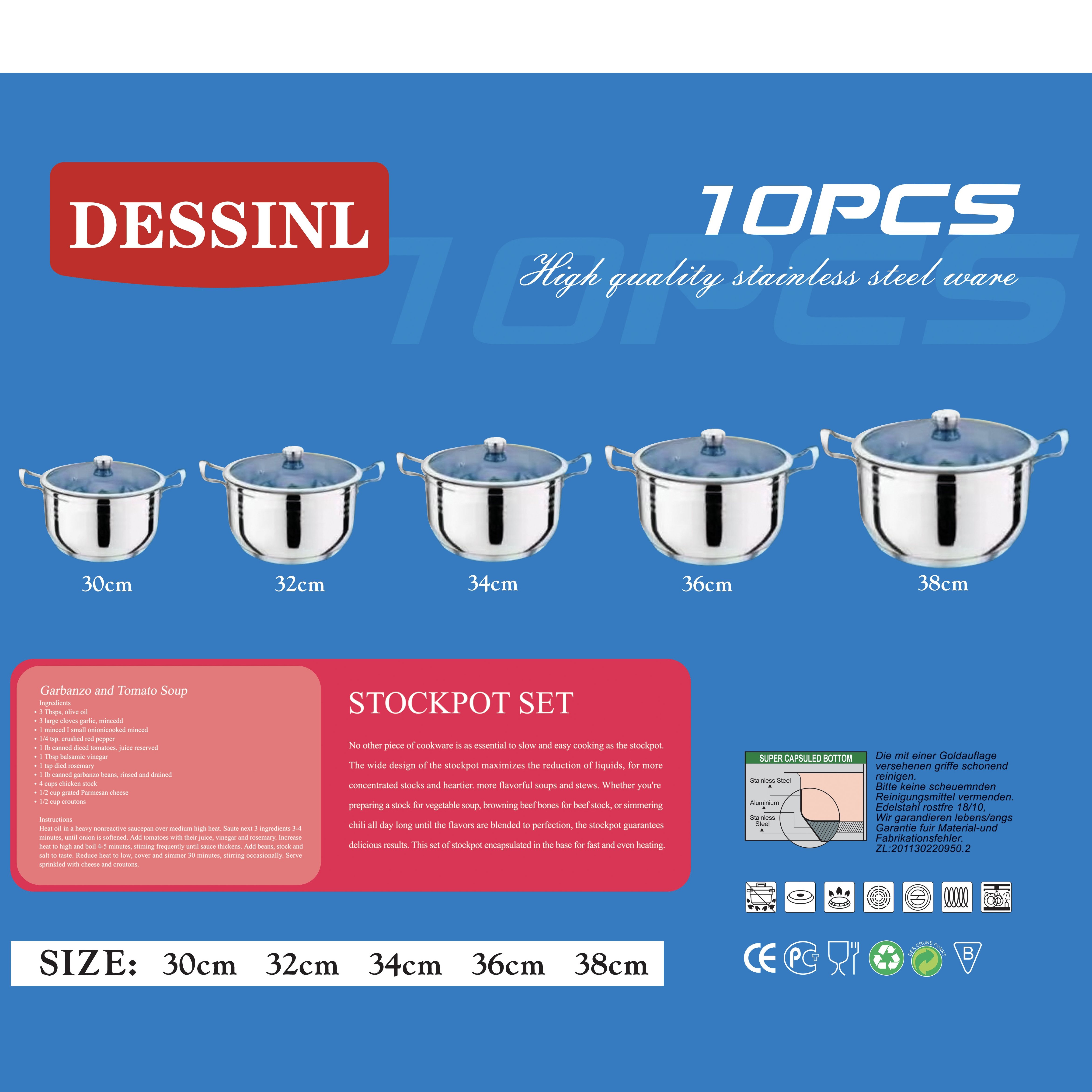 stainless steel cookware set 14pcs big cookware sets with steamer Wide edge stainless steel cookware 30-38cm