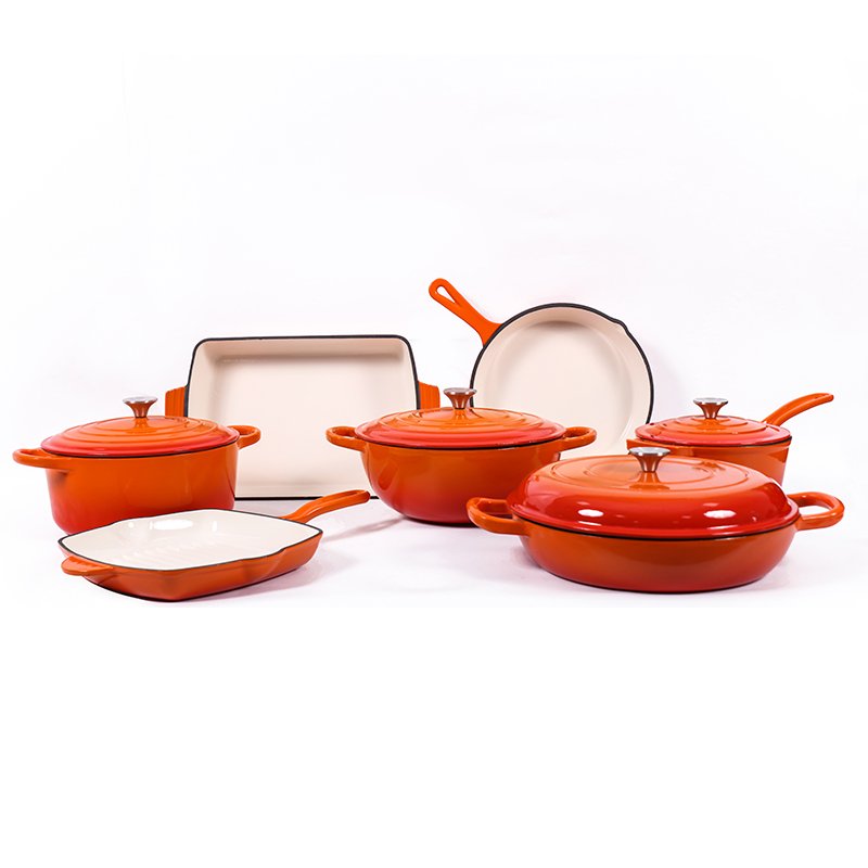 Heavy duty shallow casserole Dish Fry Pan and Dutch Oven with Lid Enameled Cast Iron Cookware Set Non Stick Cast Iron Pan Set