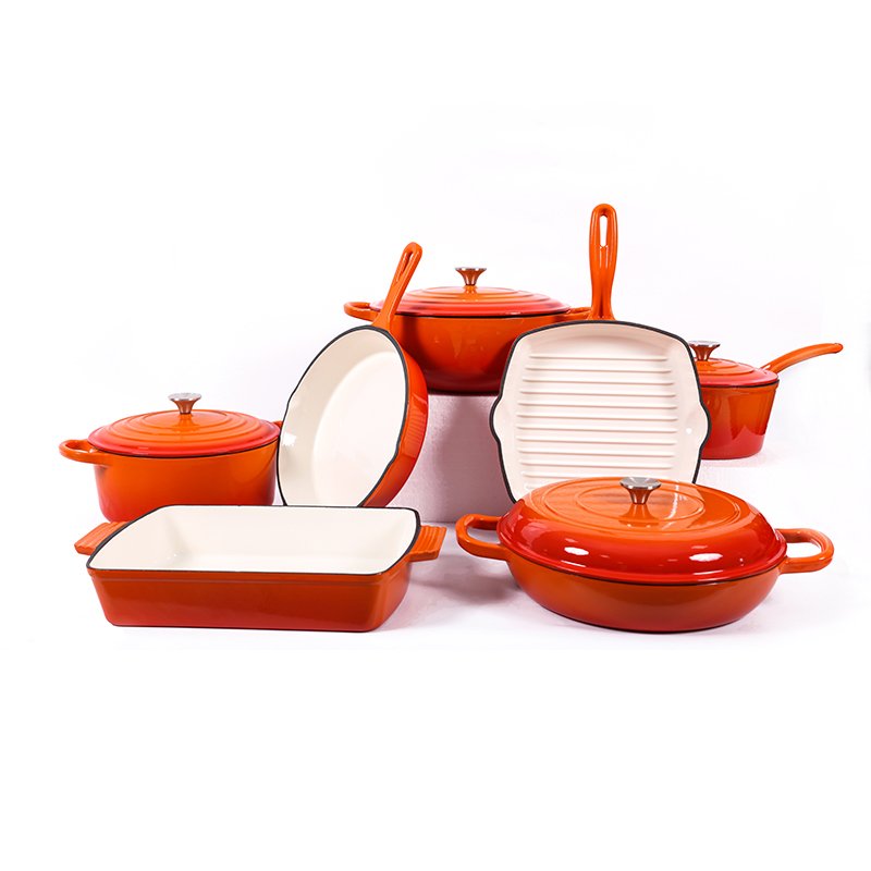 Heavy duty shallow casserole Dish Fry Pan and Dutch Oven with Lid Enameled Cast Iron Cookware Set Non Stick Cast Iron Pan Set