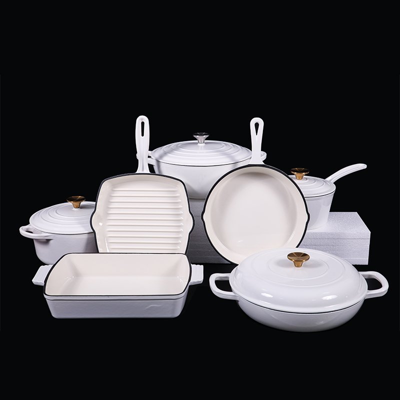 Heavy duty shallow casserole Dish Fry Pan and Dutch Oven with Lid Enameled Cast Iron Cookware Set Non Stick Cast Iron Pan Set