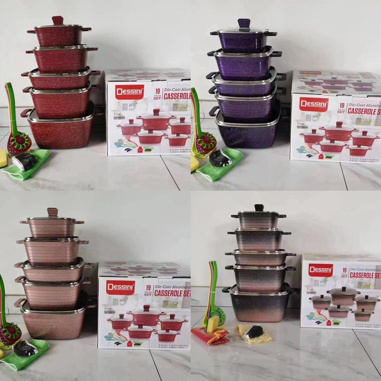 Fast Shipping Royal 19pcs set Dessini Cookware Set Square Glass Lid Pots And Pans Non-Stick Cookware Set