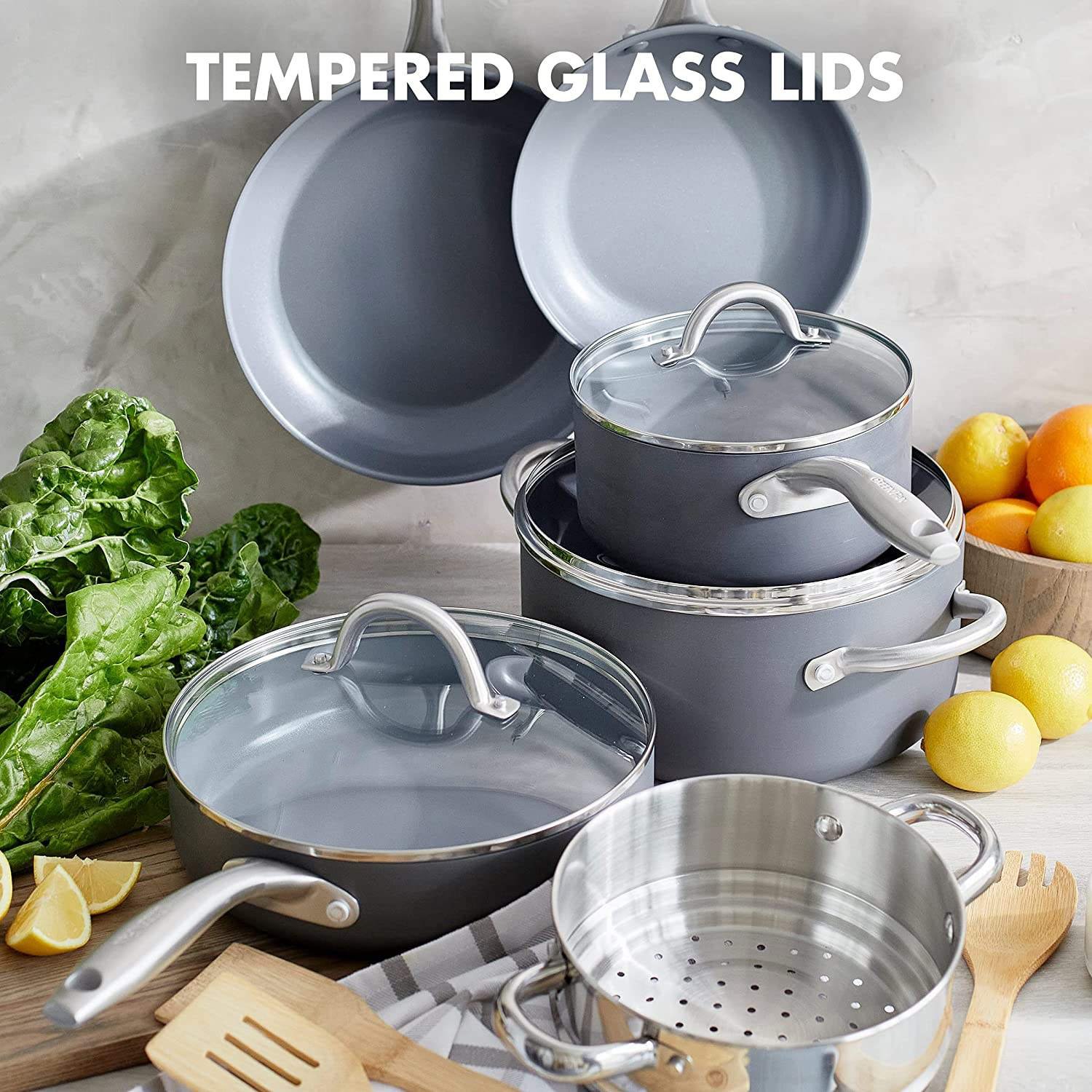 hot selling High Quality Hard Anodized Healthy Ceramic Nonstick 12 Piece Cookware Pots and Pans Set Oven Safe Gray