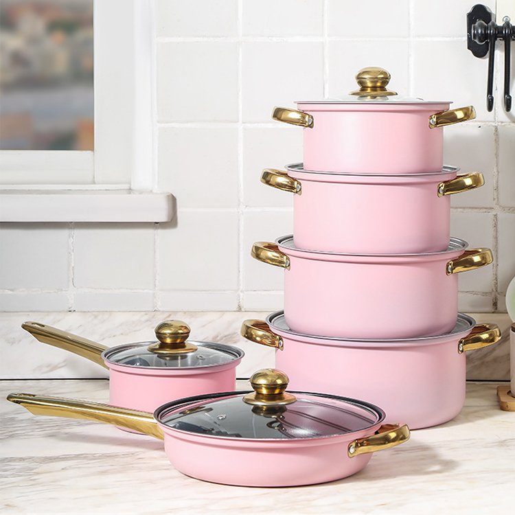 High Quality 12 PCS Pink Red Blue Casseroles Stainless Steel Non Stick Soup Stock Cooking Pots Cookware Set