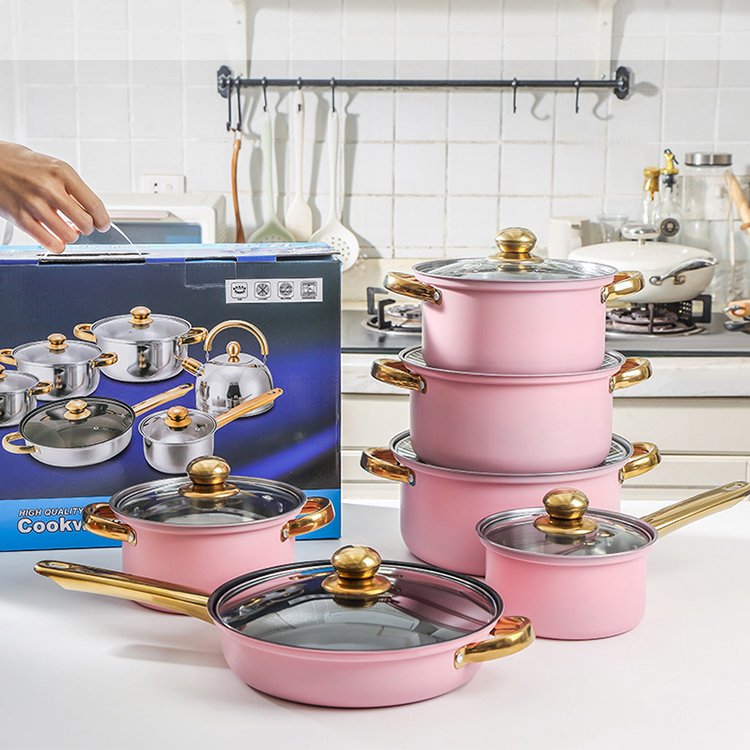 High Quality 12 PCS Pink Red Blue Casseroles Stainless Steel Non Stick Soup Stock Cooking Pots Cookware Set