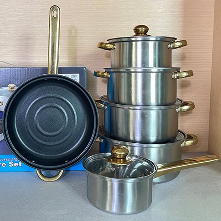 High Quality 12 PCS Pink Red Blue Casseroles Stainless Steel Non Stick Soup Stock Cooking Pots Cookware Set
