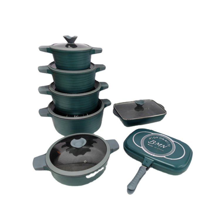 14-Piece Non-Stick Die cast Aluminum Cookware Maifan Stone Composite Bottom Induction Gas Cookware Set