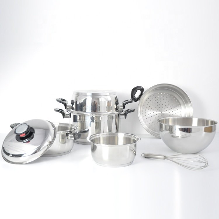 Surgical stainless steel 304 cookware set waterless oilless cookware 18Pcs wide rolled edge induction pot and pan set