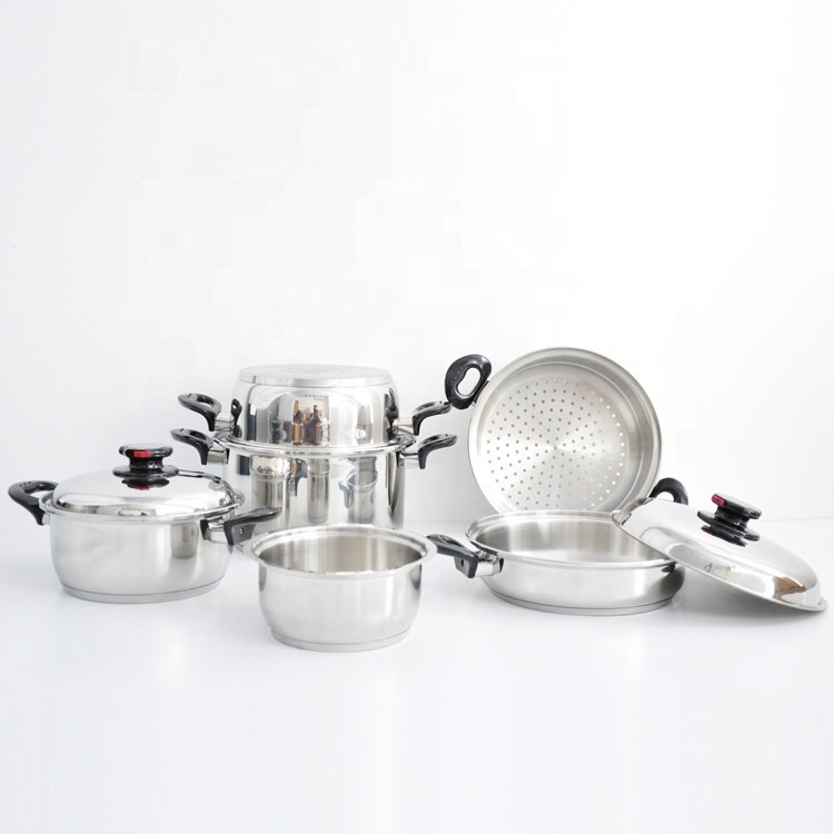 Surgical stainless steel 304 cookware set waterless oilless cookware 18Pcs wide rolled edge induction pot and pan set