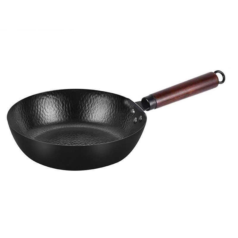 Factory Hot Sale Black Cast Iron Wok Cookware Kitchen Nonstick Frying Pan Uncoated Wooden Handle Home Cookware kitchen set pots