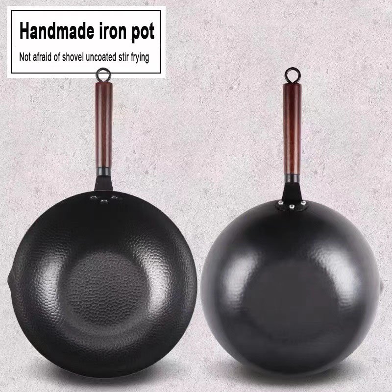 Factory Hot Sale Black Cast Iron Wok Cookware Kitchen Nonstick Frying Pan Uncoated Wooden Handle Home Cookware kitchen set pots