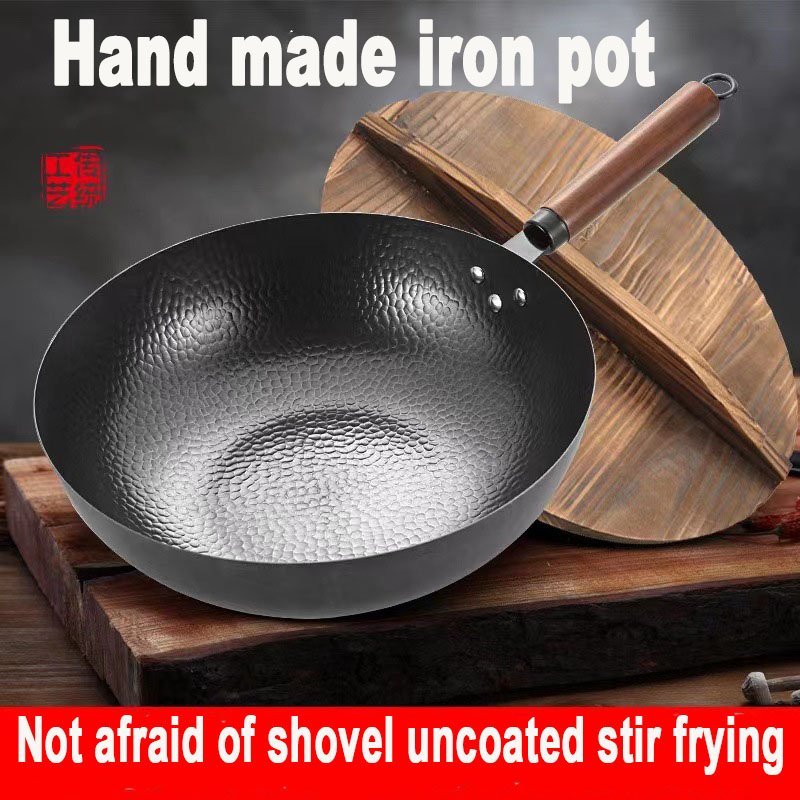 Factory Hot Sale Black Cast Iron Wok Cookware Kitchen Nonstick Frying Pan Uncoated Wooden Handle Home Cookware kitchen set pots